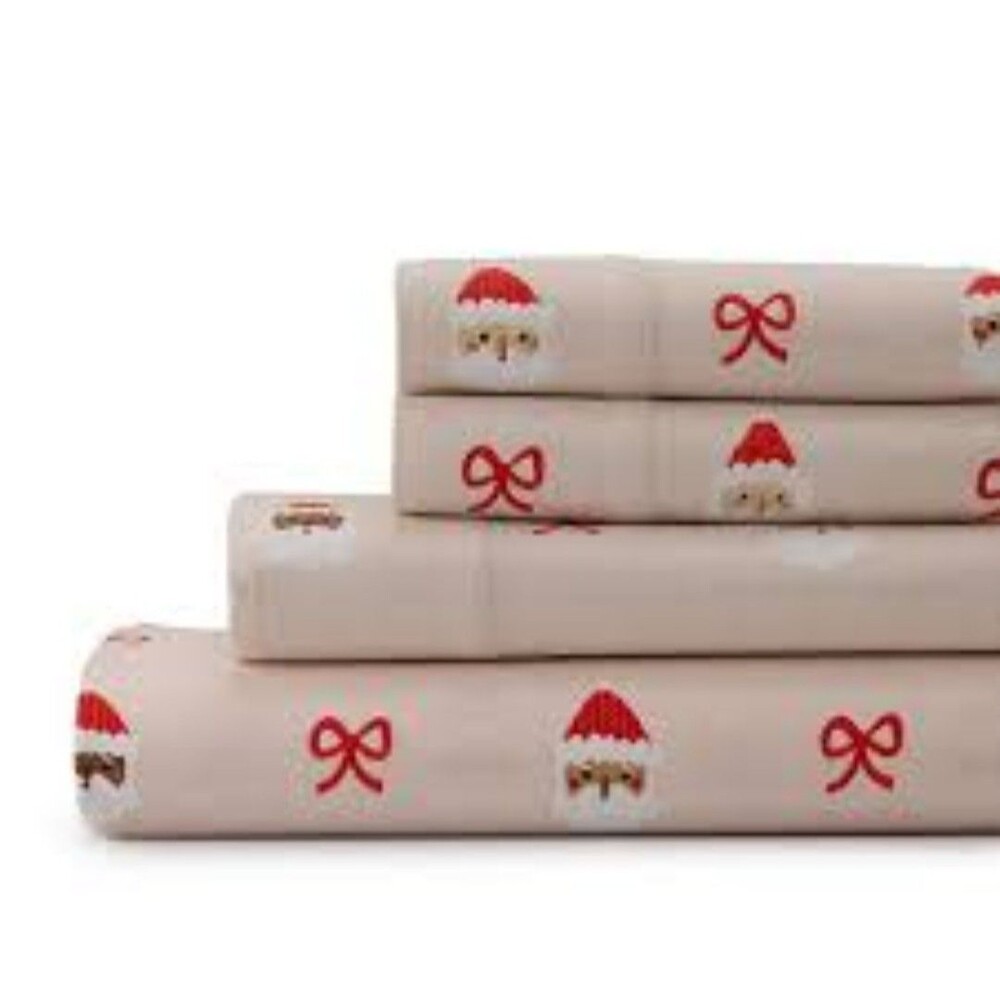 Cuddl Duds Santa Heads Heavyweight Cotton Flannel 4pc KING Sheet Set Deep Fit - Picture 2 of 7